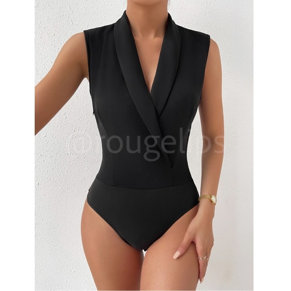 Black Bodysuit V-Neck Shawl Neck Collar Sleeveless - Picture 5 of 9